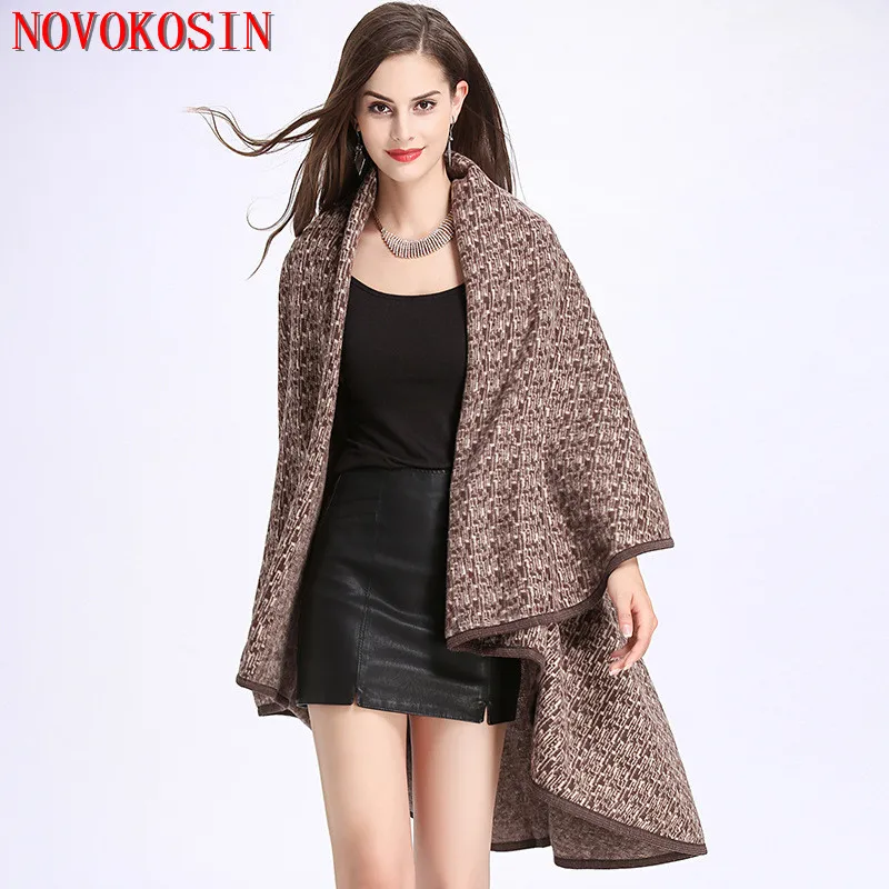 

2018 Autumn Fashion Women Loose Cardigan Thick Coat Winter Warm Knitted Two Layers Great Wall Plus Size Poncho Print Grey Stole