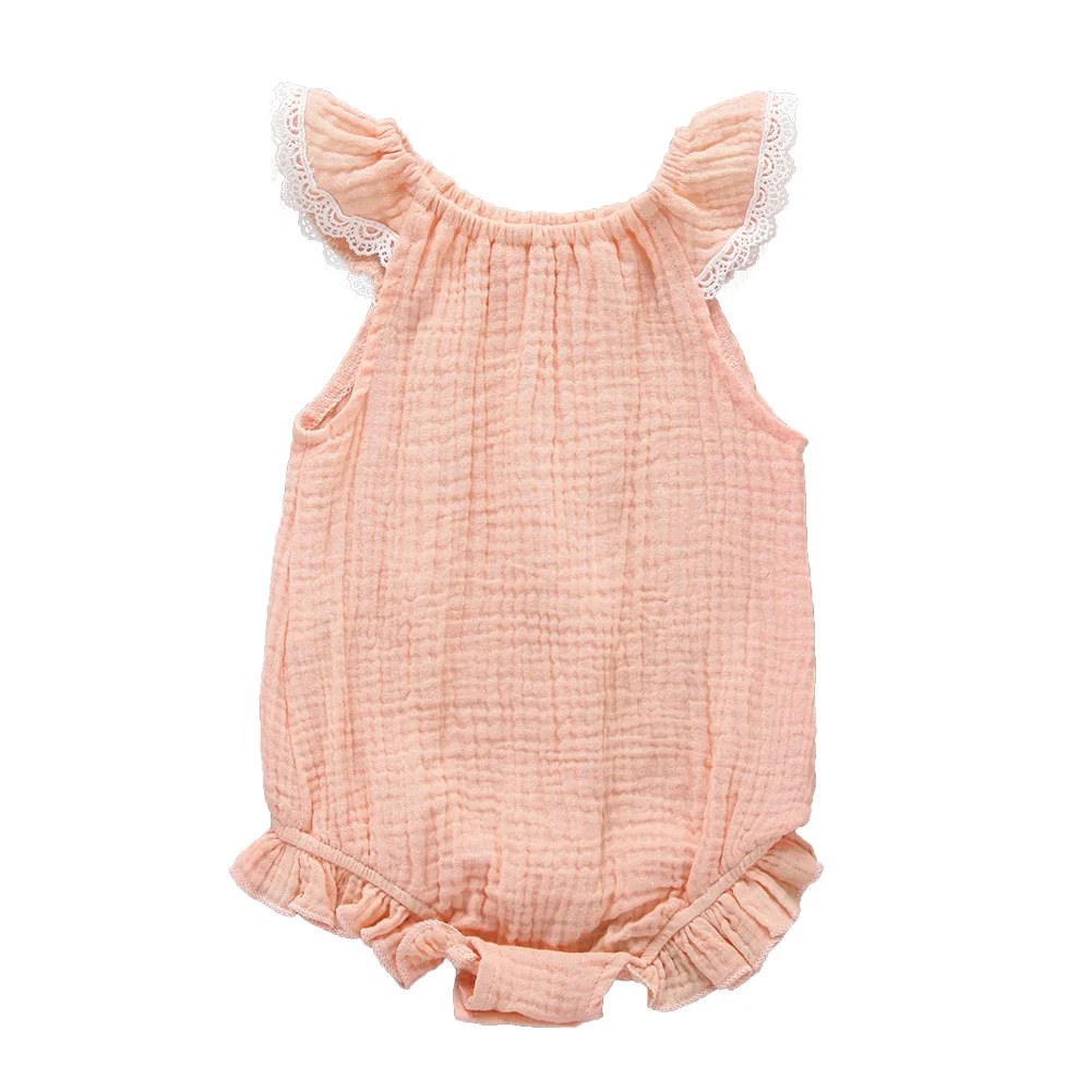 

Newborn Baby Girl Lace Ruffled Solid Color Linen Cotton Sleeveless Backless Romper Jumpsuit Outfit Sunsuit