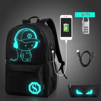 

BAIBU New Men Women Backpack External USB Charge Laptop Backpack Fashion Noctilucent Cartoon School Bag Teenagers Anti-theft Bag