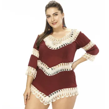 

New Hot sell large size women handwork skirts hook stitching seven-sleeved beach blouse