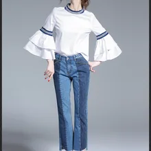 Весна Однотонная одежда новая мода рубашка Для женщин с О-образным вырезом рубашки эластичный хлопок Тонкий Flare рукавом