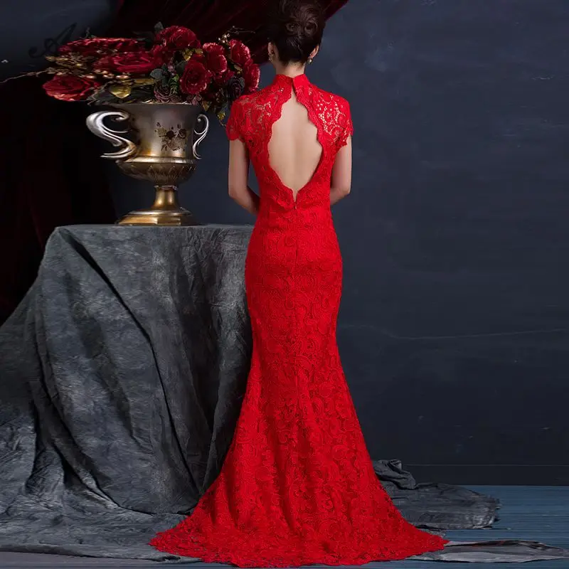 Red Lace Backless Sexy Cheongsam Long Bride Trail