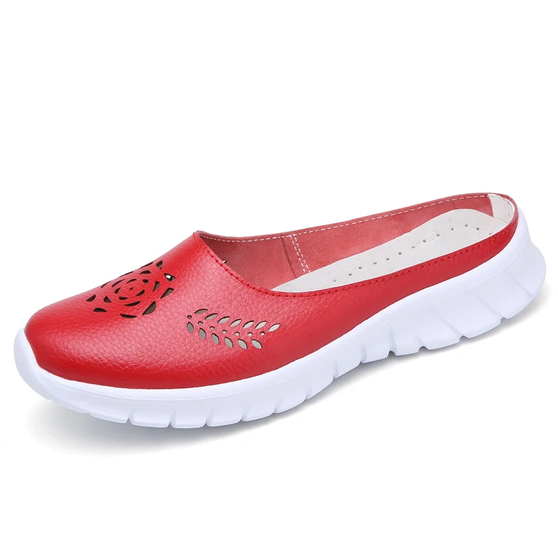 Новые женские летние туфли из натуральной кожи на плоской подошве с вырезами Женские лоферы, Женская однотонная обувь женские шлепанцы размера плюс G038 - Цвет: Красный