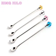 XING KILO Diamond long handle coffee stir spoon sand ice spoon bar spoon 304 stainless steel stir stick cute dessert spoon 2pcs double metal stir spoon for coffee salad dinner