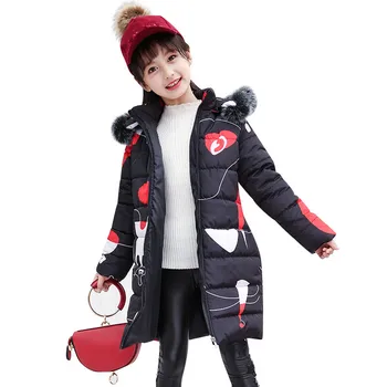 

New Arrival Autumn Winter Long Jackets Baby Girls Print Coat Kids Fur Hooded Cotton Padded Down Jackets Girls Winter Clothes