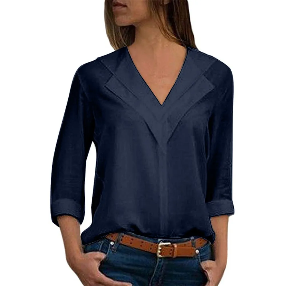 30# модная женская шифоновая Удобная Офисная Женская однотонная Свободная рубашка с отворачивающимися рукавами большого размера, топ, уникальная женская рубашка