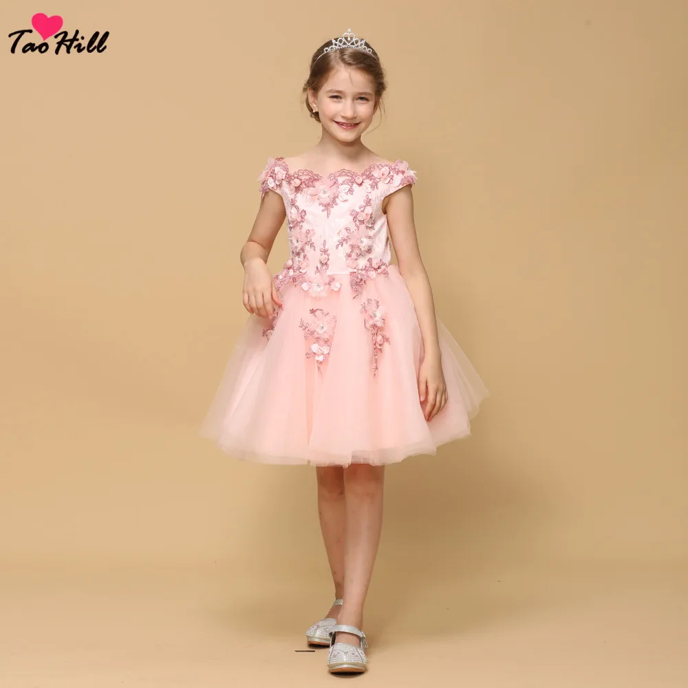

TaoHill Pink Flower Girl Dresses A-line Boat Neck Tulle Layers Beads Girls Pageant Gowns Baby Party Dress Vestido Daminha