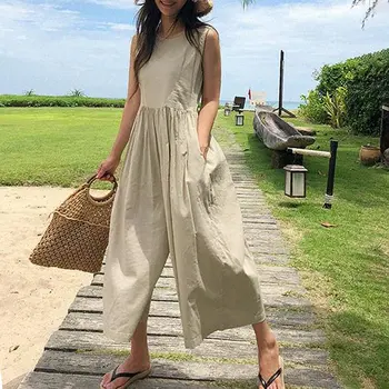 

Women Jumpsuit Romper Korean Fashion Wide Leg Pants Loose Black Cotton Linen Sleeveless Overalls Summer Yellow Female Jumpsuits