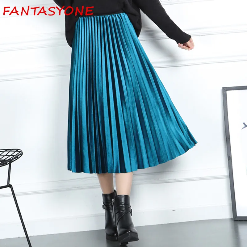 FANTASYONE Velvet Pleated Skirts Womens 2017 Autumn Winter Long Warm