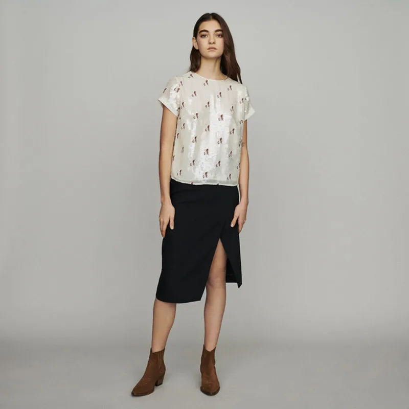 

2019 New Women Sequin and Embroidery T Shirt Short Sleeve Sweet T-shirt