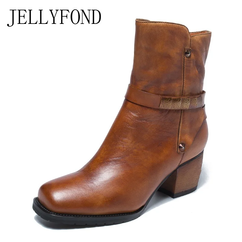 

JELLYFOND Vintage Genuine Leather Women Ankle Boots 2018 Buckle Strap Square Toe High Heels Boots Autumn Winter Shoes Woman