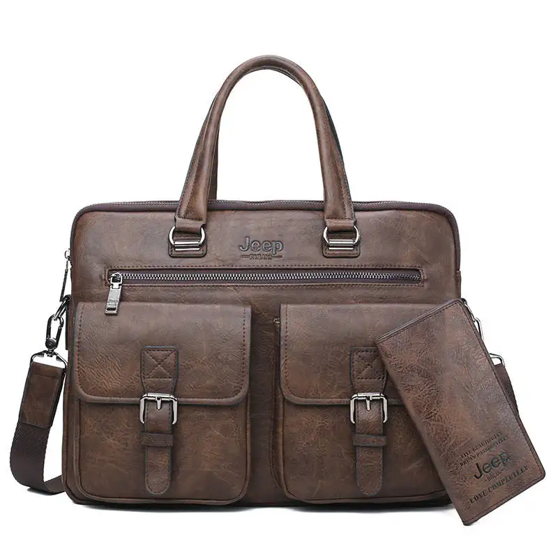 Мужской портфель для ноутбука 13,3 д. jeep buluo, комплект, оранжевый портфель и кошелек, деловая сумка на плечевом ремне, кожаная сумка для офиса, все сезоны - Цвет: 8001-8888 Brown