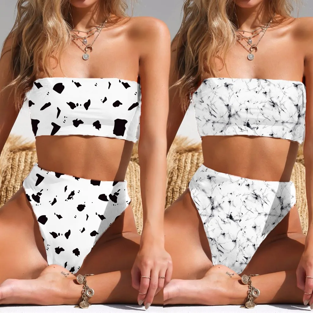 

Woman Bikini 2019 Women Geometric Marble Printing High Waist Padded Bra Beach Halter Bikini Set Cover up Dropping Biquini