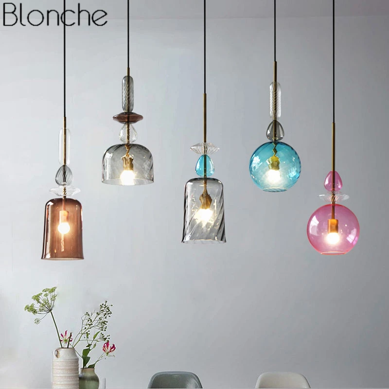 Günstige Nordic Glasmalerei Anhänger Lichter Led Loft Moderne Hängende Lampe Candy Leuchte für Esszimmer Küche Home Decor Leuchten E27