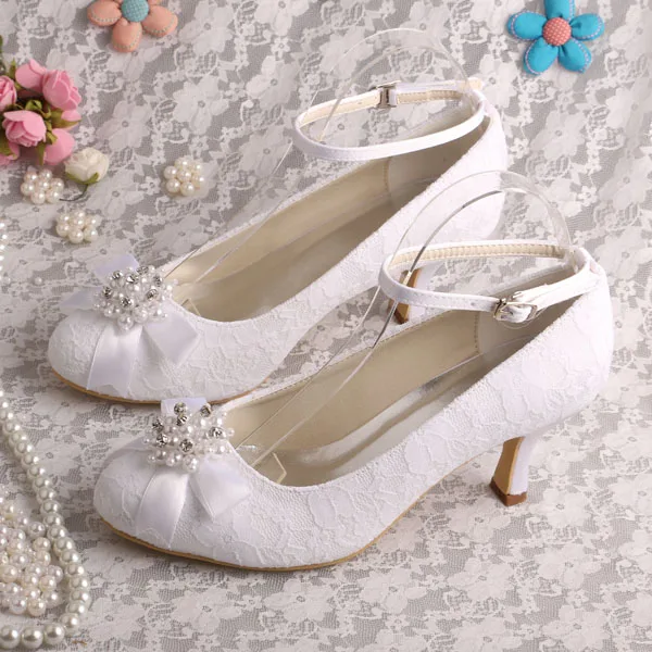 Wedopus New Arrival White Lace Pearl and Rhinestone Low Heel Bridal Wedding Shoes