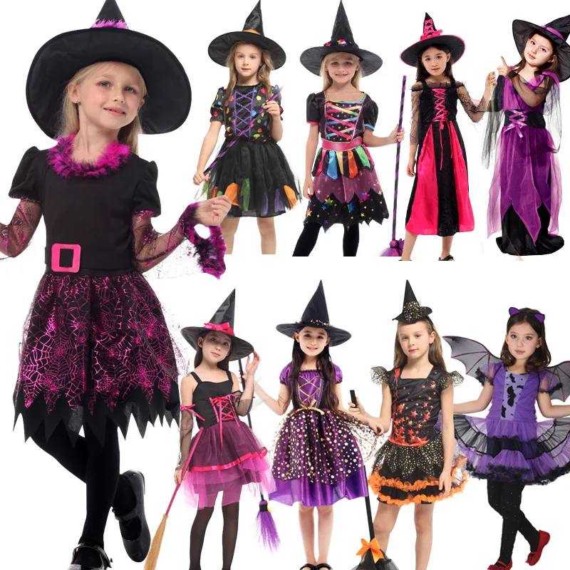 2018 New Witch Suit Cosplay Halloween Party Children Costume For Girls Halloween Clothing Set Witch Dress Hat cloak Accessories