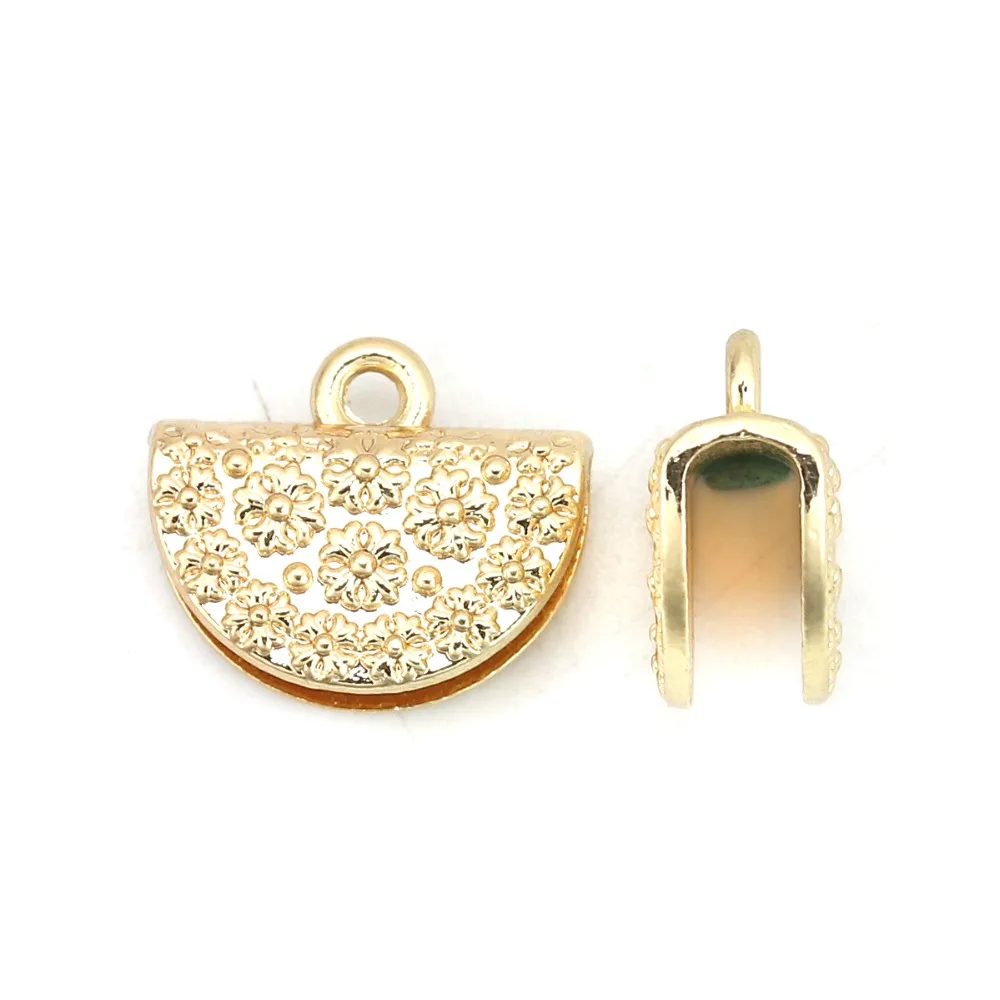 

8Seasons Zinc Based Alloy Cord End Caps Half Round Gold Color Silver Color Flower Style Charms 16mm( 5/8") x 13mm( 4/8"), 10 PCs