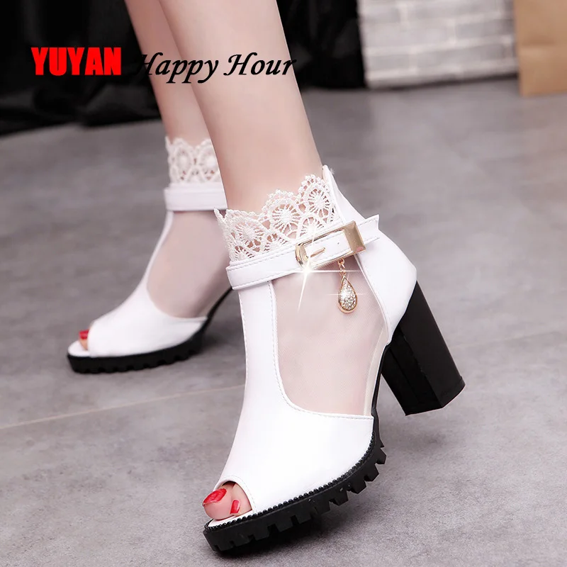 

2019 High Heels Sandals Women Summer Shoes Fashion Peep toe Ladies Shoes Woman Sandals Black White Square Heel 8cm Black YX686