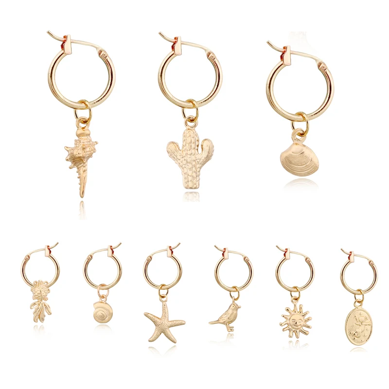 

Dayoff Europe Cacus Plant Angle Hoop Earrrings Women Jewelry Bird Shell Conch Starfish Cowrie Small Pendant Earrings E313