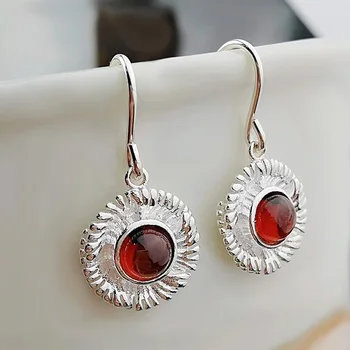 

925 Sterling Silver Ethnic Dangle Earrings Natural Garnet Flowers Earrings For Women Ladies Fine Jewellery Pendientes Mujer