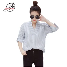 Borisovich 2017 Summer Fashion Sexy V-neck Striped Women Shirts High Quality Loose Comfortable Half Sleeved Blouse Female M613