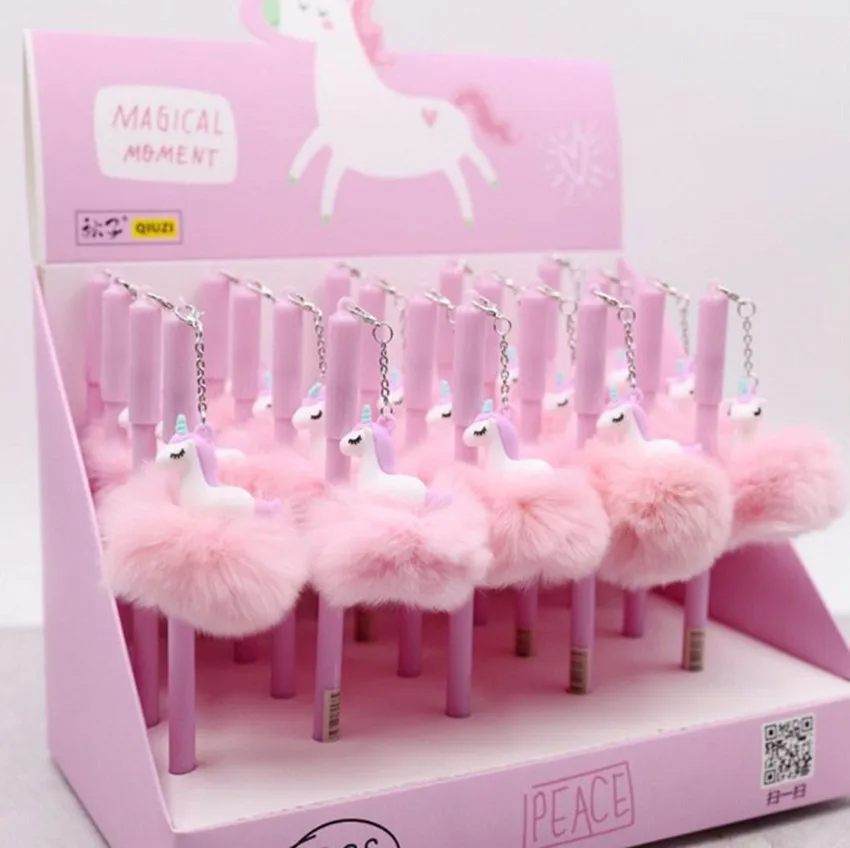 

Pink Unicorn Soft Plush Ball Pendant Gel Pen Rollerball Pen School Office Supply Student Stationery Black Ink 0.5mm G9-04