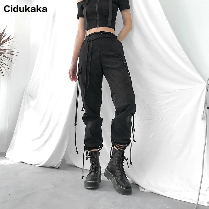 Cidukaka черный высокая талия женские брюки-Карго карманы Свободные уличная