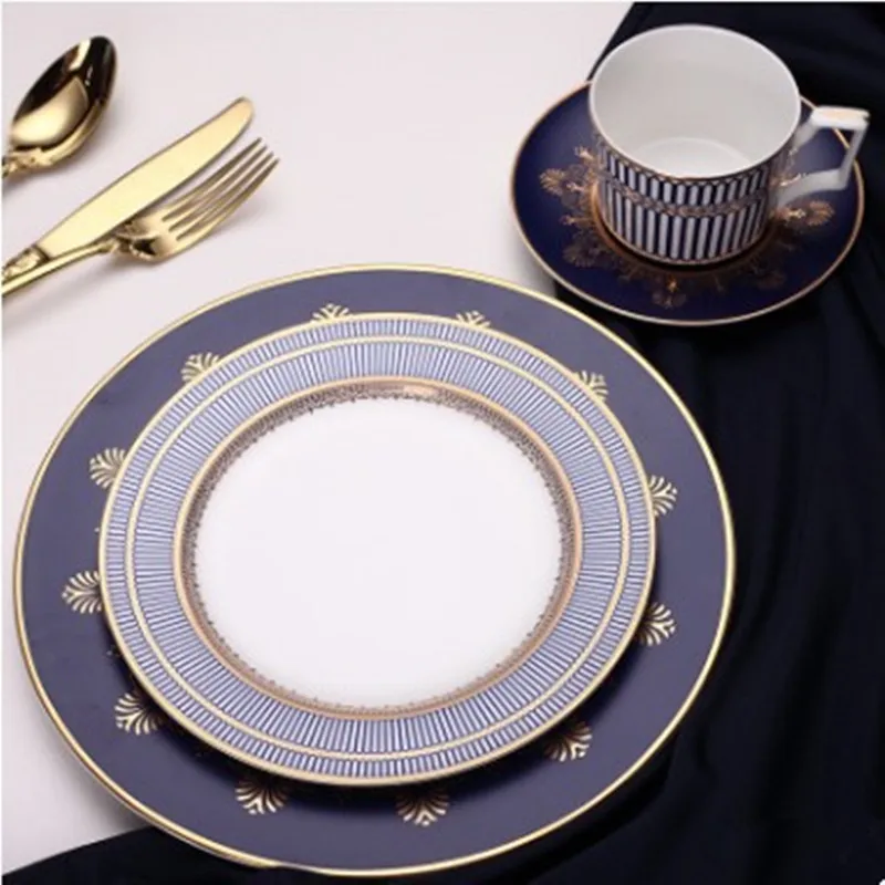 Elegant Blue Bone China Steak Plate, Ceramic Dinner Dish, Coffee Cup Saucer, Family Dinnerware, Home Decoration