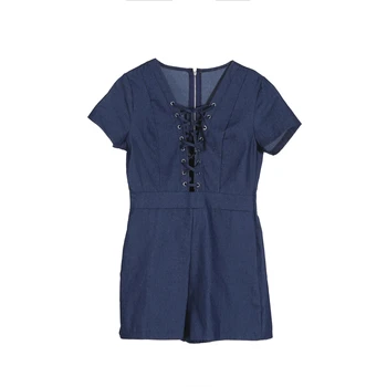

2018 Women New Fashion Casual Solid Denim Zipper Playsuit Bodycon Short-Sleeve Criss-Cross Band Hollow Out Lace Up Playsuit Hot