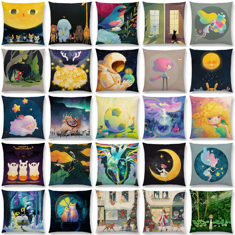 

New Arrival Cute Cartoon Animals Little Cat Dream Elk Pretty Girl Magic Forest Shining Star Cushion Cover Sofa Throw Pillow case