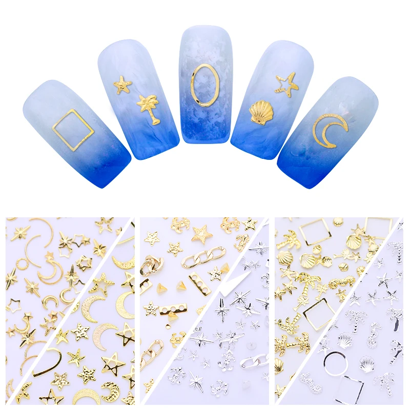 

1 Box Mixed Patterns Nail Studs Gold Silver Metal Alloy Ocean Shell Moon Star 3D Nail Art Decorations DIY Accessories