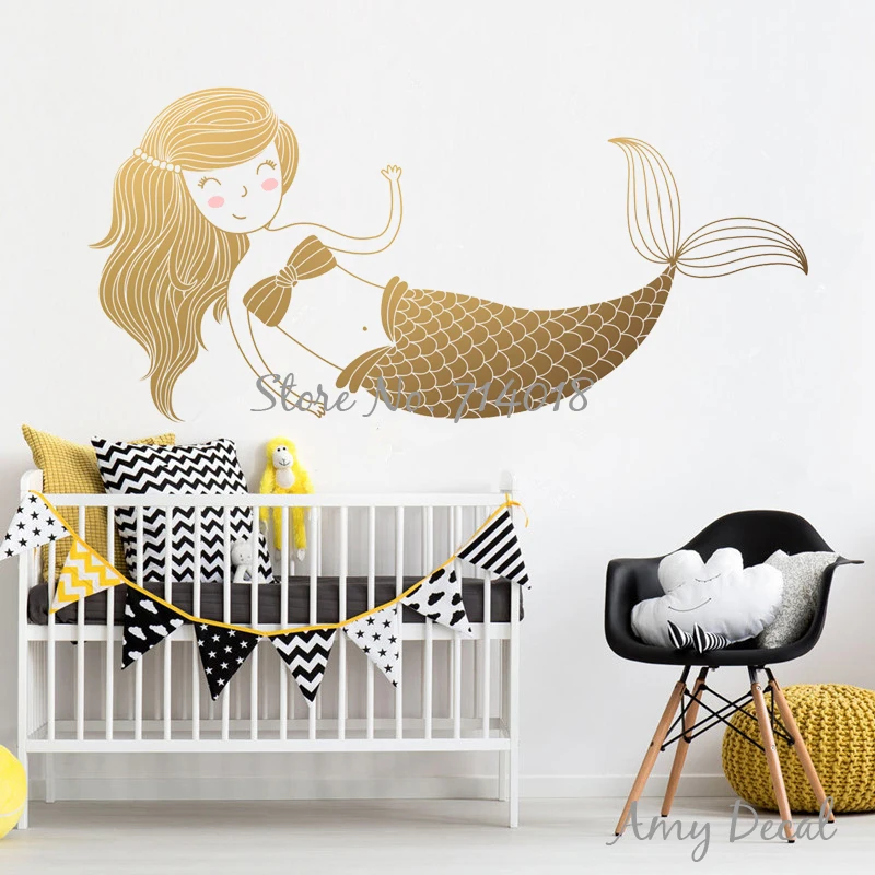 Gold Mermaid Wall Decal Wall Stickers for Kids Room Baby Nursery Wall