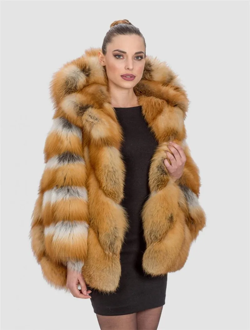 Мех Sarcar натуральный Золотой лисий мех пальто для женщин с капюшоном Летучая мышь рукавами лисий мех пальто толстый теплый натуральный мех Женская куртка