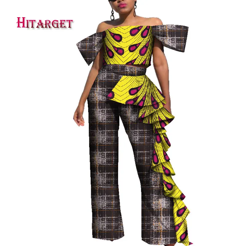 Африканская одежда Топ и широкие брюки африканские женские комплекты из 2 предметов со штанами Базен риче Африканский принт жемчужная рубашка и брюки WY4061