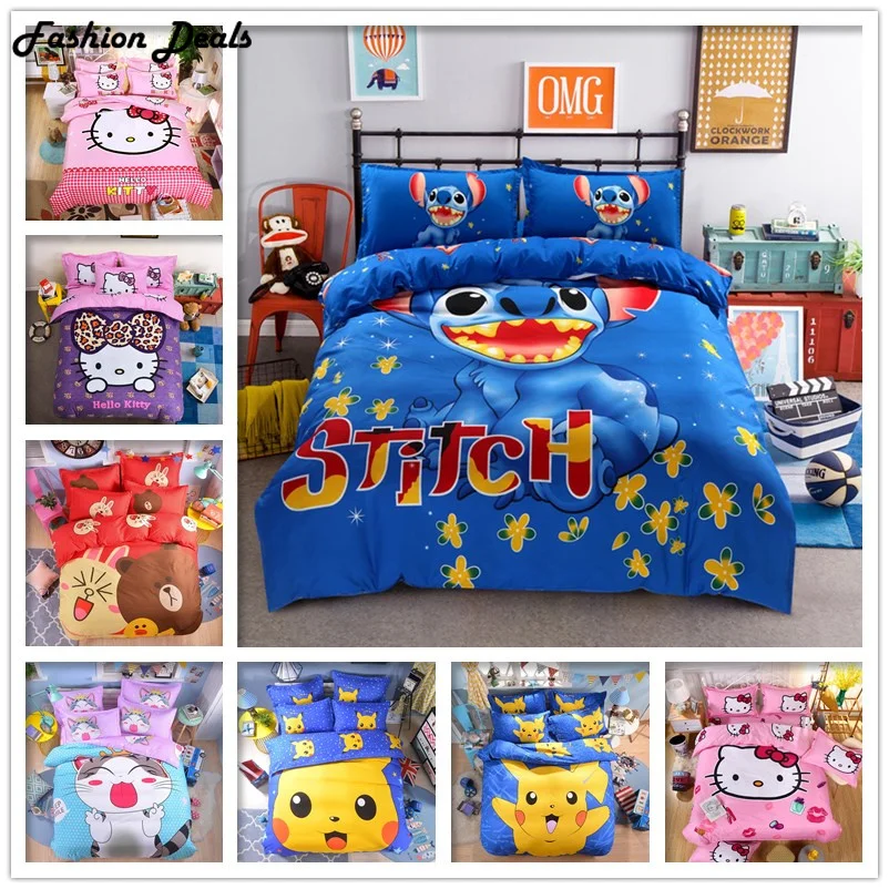 

Home Textile Cartoon Stitch Bedding Set Hello Kitty Bed Linen Duvet Cover Set Bed Sheet Pillowcase Twin Full Queen Free Shipping