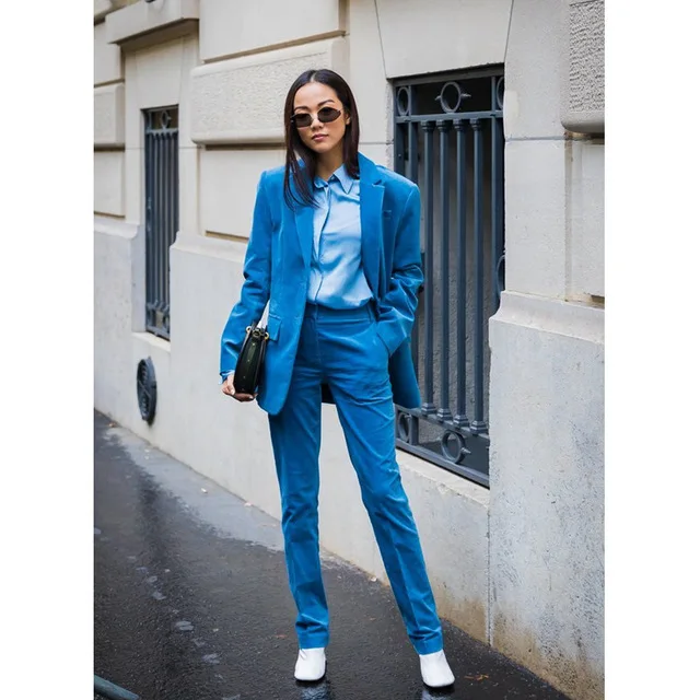 As Fait Revers Bleu Manches veste Cranté Travail À Femmes De Pantalon Picture Dames Deux Vêtements Mesure D'affaires breasted Sur Longues Boutons Costumes Unique v11Hndaq