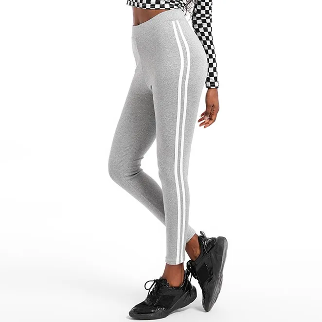 Light Gray TCJULY новые высококачественные хлопковые леггинсы для женщин сбоку в полоску, с высокой талией тренировочные брюки уличная Гибкая эластичная Утягивающие легинсы - Цвет: Light Gray