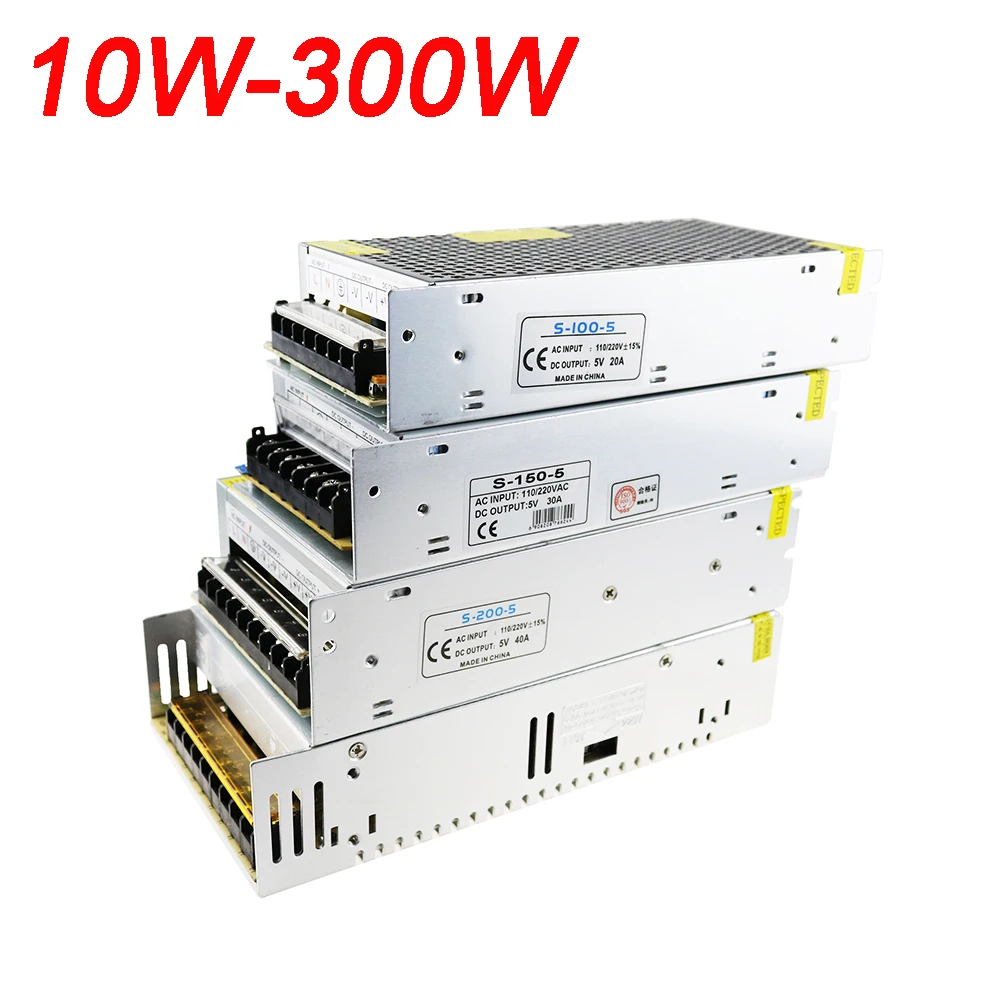 Питание трансформатор AC100-240V для DC5V 2A 10 Вт 3A 15 Вт 5A 25W 10A 50 Вт 20A 100W 30A 40A 200W 60A 300W Светодиодные ленты Мощность адаптер
