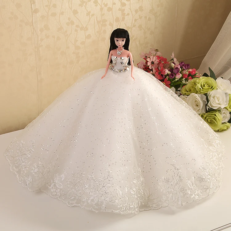 

Doll + Dress / White Lace Rhinestone Bride Wedding Doll Flower Embroider Gown Decoration Outfit Clothing For Toy Barbie Doll