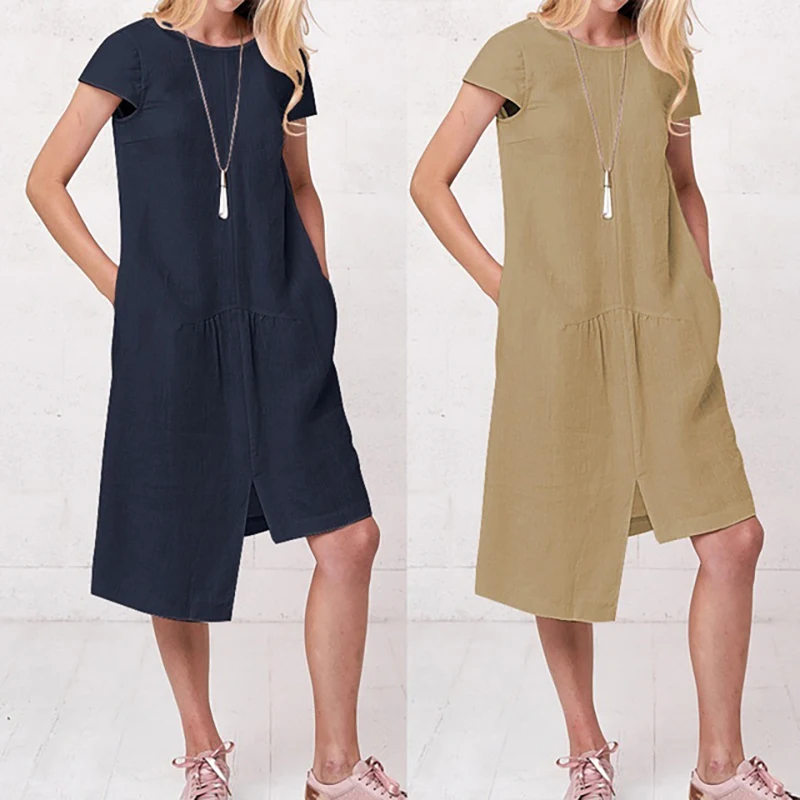 

Solid color short-sleeved cotton and linen fabric ladies breathable dress loose comfortable summer women's dress Large size