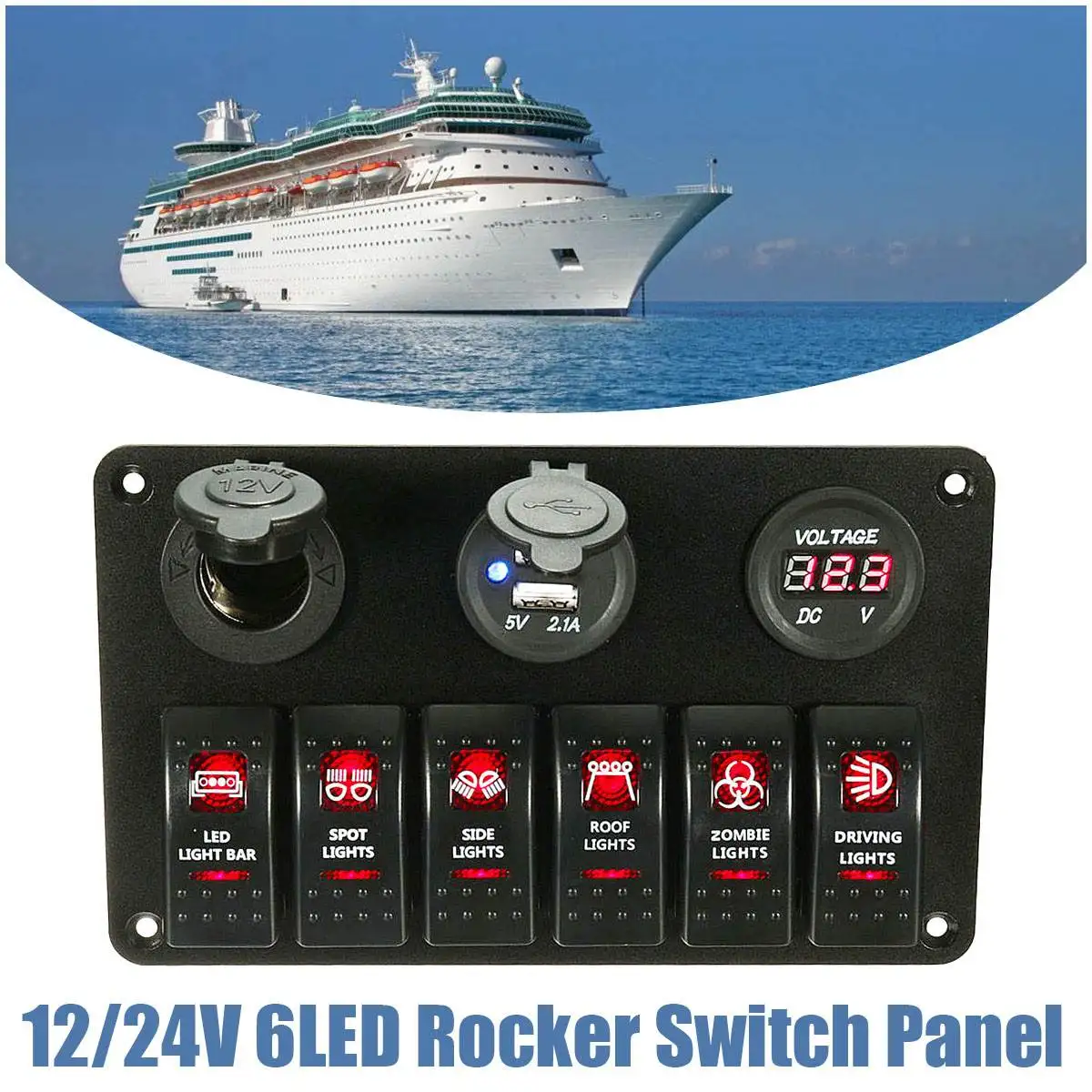 

2 USB Socket 6 Gang Red LED Rocker Switch Cigarette Plug Voltage Panel Marine Boat RV