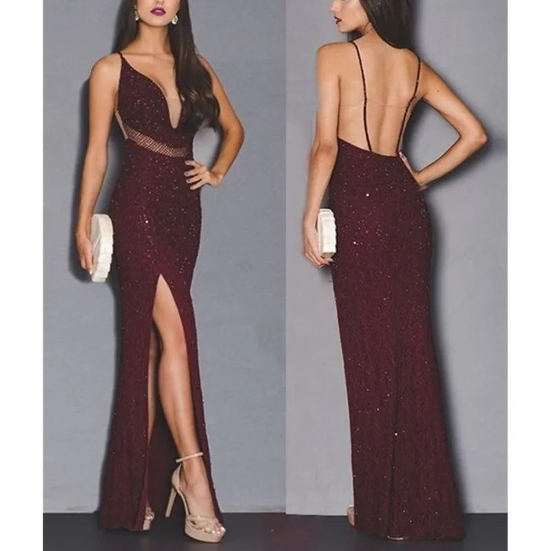 burgundy sequin prom dress