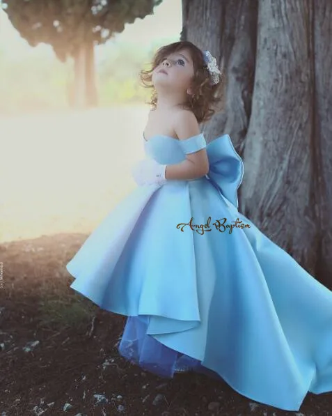 Светильник из голубого атласа с открытыми плечами, наряд принцессы для особых мероприятий, платье для выпускного вечера для маленьких девочек на шнуровке с бантом