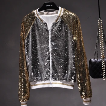 

Bingbing Sequins Color Block Long Sleeve Sports Jacket Female Baseball Uniform New Spring Autumn Stand Collar Women Outwear