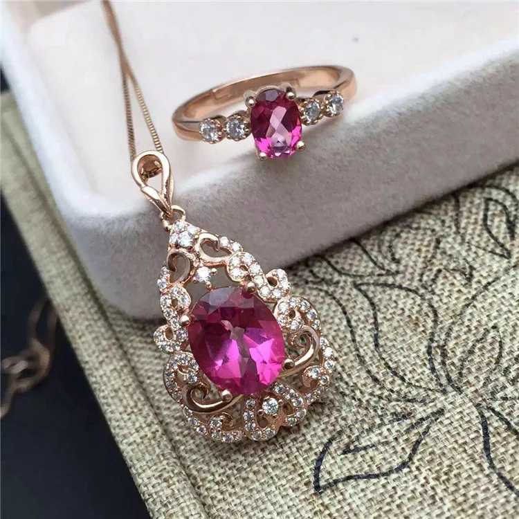 Натуральный розовый топаз цветные драгоценных камней Серебряный 925 компл. для ее матери, чтобы отправить его подруга жить Кольцо Кулон +