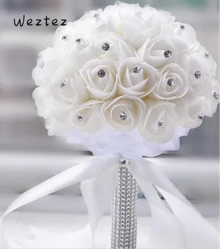 

Bridal Bouquet White Satin Romantic Wedding Bouquet Bridesmaid Wedding Foam Flowers White Rose D444