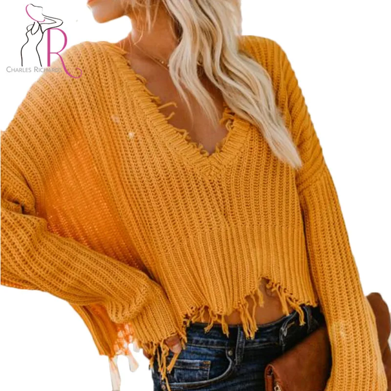 V neck Tassel Trim Knit Sweater 2018 Autumn Winter Yellow Ripped