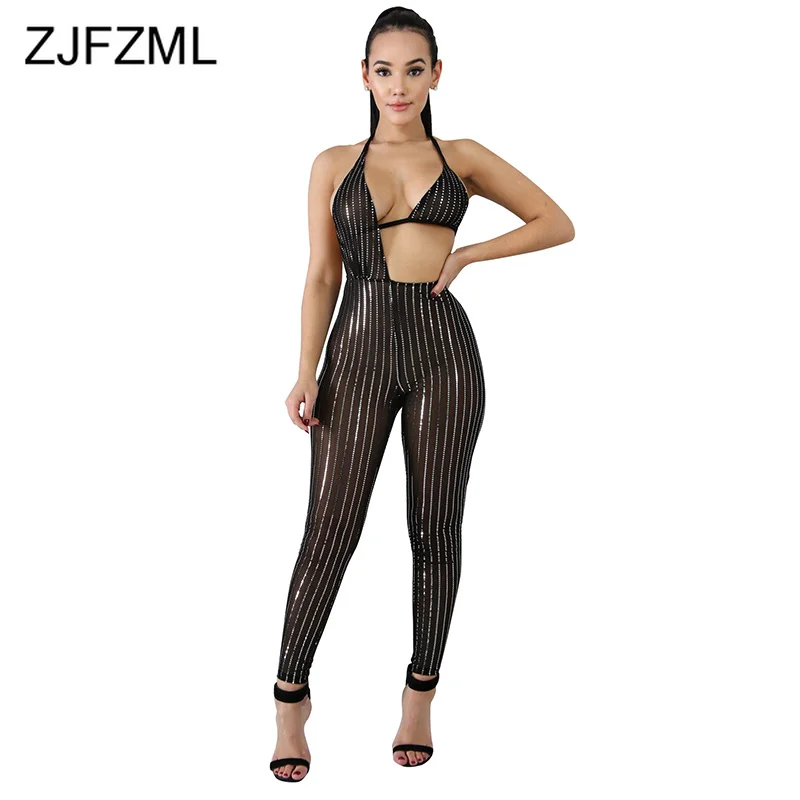 

Sheer Mesh Sequins Striped Bandage Jumpsuit Women Halter Neck Open Back One Piece Overall Summer Cut Out Sleeveless Beach Romper
