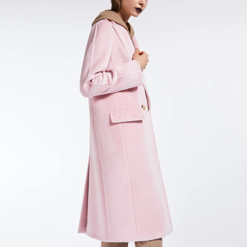 Уличный стиль, Женское зимнее длинное пальто, верхняя одежда, элегантное розовое свободное двубортное шерстяное пальто для женщин - Цвет: Pink