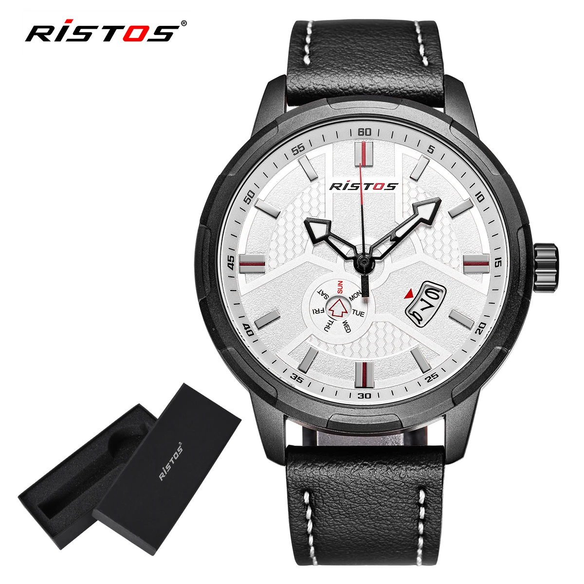 

RISTOS Genuine Leather Watches Date Calendar Fashion Men Wristwatch Army Hombre Reloj Masculino Hombre Sport Quartz Watch 9329